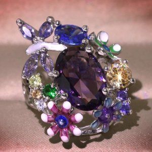 Womans Silver Luxury Big Flower & Butterfly Party Ring